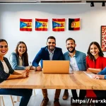 Home 22 긍정적인 피드백과 그 필요성 - A diverse professional team in a modern Spanish office celebrating a successful project milestone, e...