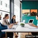 Home 21 피드백 문화 구축의 단계별 가이드 - A modern office setting in Spain with diverse employees engaged in a constructive feedback session. ...