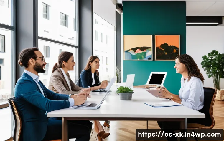 피드백 문화 구축의 단계별 가이드 - A modern office setting in Spain with diverse employees engaged in a constructive feedback session. ...