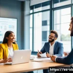 Home 20 피드백 문화와 직무 개발의 관계 - A diverse professional team engaged in an open feedback session inside a modern office meeting room ...